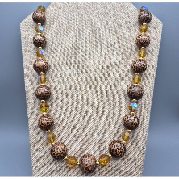 Joan Rivers Statement Necklace AB Wash Glass & Chunky Leopard Cheetah Print Bead - Picture 3 of 7